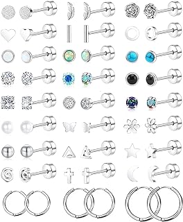 FINZOR 27Pairs Small Stud Earrings for Women Surgical Steel 20G Flat Back Earrings Screw Back Earrings Hoop Earrings Jewelry