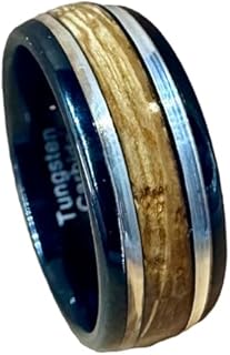 BW James Jewelers " The Ranger 8mm Water Resistant Black Tungsten Engagement Ring - Reclaimed Bourbon Barrel Wood Inlay Wedding Band With Real Sterling Silver Inlay And Comfort Fit Design Sizes 7-14