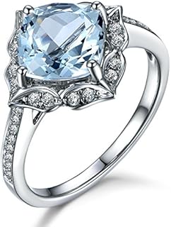 Natural Aquamarine Engagement Ring,7mm Cushion Cut Blue Stone,14K White Gold,Vintage Floral Design