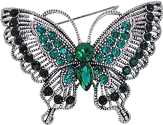 Glamorous Vintage Silver Tone Filigree Green Crystal Butterfly Brooch for Women