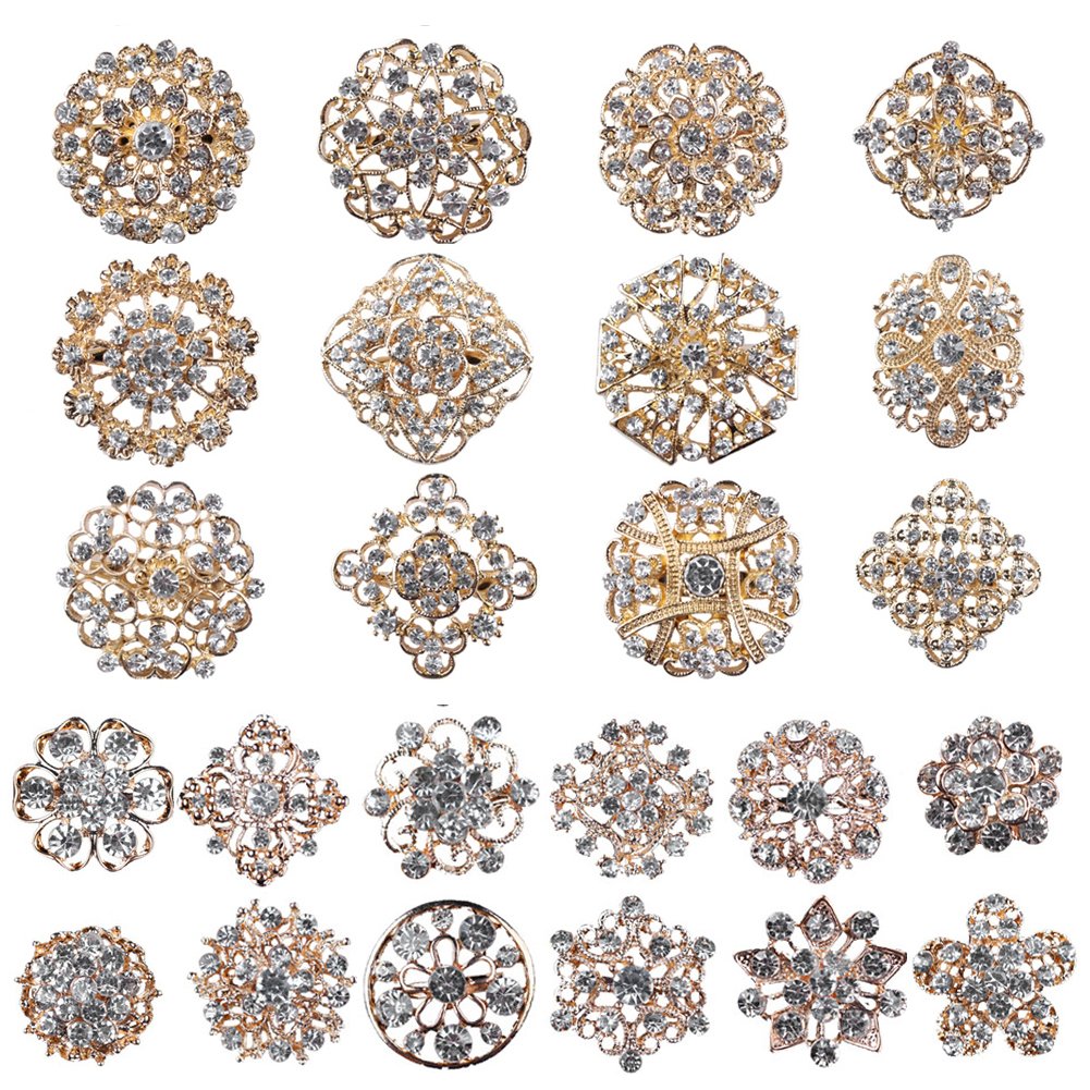 Lot 24pc Clear Rhinestone Crystal Flower Brooches Pins