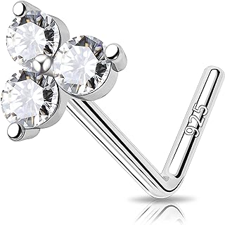 MeIighting 925 Sterling Silver Nose Stud L Shaped Nose Ring 20G Solid Silver Nose Piercing Jewelry Clear CZ for Women Men Nostril Piercing
