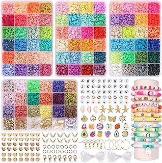 QUEFE 9000pcs, 90 Colors, Clay Beads for Bracelet Making Spacer Heishi Beads Flat Round Polymer Clay Beads for Jewelry Making Kit with Fruit Flower Beads Pendant Charms Kit and Elastic Strings