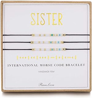 RareLove 3 Pieces Sisters Morse Code Bracelet Friendship Birthday Best Friends Gift For 3 Women Girls Blue White Tiny Pony Seed Beads Black String Bracelets