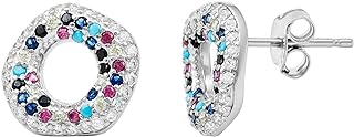 Screw Back Rainbow Stud Earrings with Created Black Diamond & Blue Sapphire for Mom, White Gold Plated Silver Circle Design - Perfect Mother's Day Gift