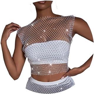 Yokawe Mesh Crystal Body Chain Black Sparkle Rhinestone Fishnet Tank Tops See Through Bikini Crop Top Nightclub Party Rave Festival Body Accessories Jewelry for Women and Girls