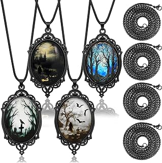 8 Pcs Gothic Necklace Goth Jewelry Witch Gifts For Women Girl Cameo Choker Necklaces Black Stainless Steel Chains Blood Vampire Bat Crow Cross Costume Party