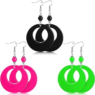 Hicarer 3 Pairs 80s 90s Neon Earrings for Women Retro Pendant Acrylic Drop Dangle for 80's Outfit Glow Party Accessories(Rose Red, Green, Black, Round Style)