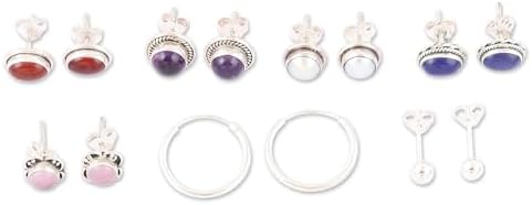 NOVICA Artisan Handmade Gemstone Earrings Polished Sterling Silver with Gemstones Pearl Amethyst Lapis Lazuli Carnelian Chalcedony Hoop Stud Button India 'Precious Auras' (set of 7)