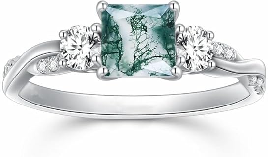 Blocaci Women's Engagement Ring with Moss Agate & Moissanite in 925 Sterling Silver or 10K/14K/18K White Gold Options
