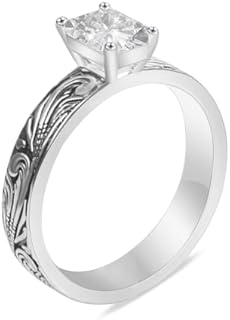 Vintage White Gold Plated Brass Statement Ring with Pear Shaped Cubic Zirconia and Antique Flower Vine Design, Size 6