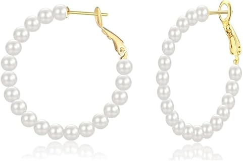 S925 Sterling Silver Pearl Hoop Earrings for Women,55mm Post Big Large Hoops Pearl Earrings Hypoallergenic and Safe for Sensitive Ears