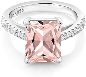 Gem Stone King 925 Sterling Silver Peach Simulated Morganite and White Created Sapphire Ring For Women (3.46 Cttw, Emerald Cut 10X8MM, Available In Size 5, 6, 7, 8, 9)