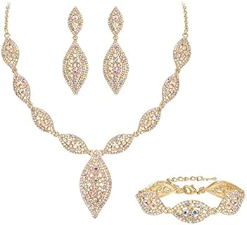 Flyonce Bridal Crystal Chandelier Necklace with Lobster Clasp for Women, Leaf Design Alloy Wedding Jewelry Set