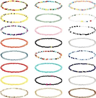 JOERICA 24Pcs Handmade Beaded Anklets for Women Boho Elastic Beaded Ankle Bracelets Multilayered Colorful Beads Stretch Anklets Set Foot Jewelry