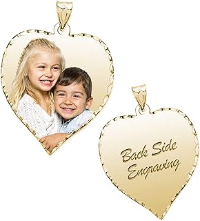 Personalized Photo Engraved Heart Shaped Picture Necklace with Diamond Cut Edge in Silver, Gold, White Gold or Rose Gold - 1 Inch x 1 Inch