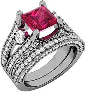 Dazzlingrock Collection Black Rhodium Plated Princess Cut Ruby & Round White Diamond Engagement Ring Set, Sterling Silver