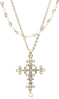 Women's Religious Filigree Cross and Simulated Pearl Pendant Link Chain Necklace with Lobster Clasp and Created Pearls, Rosemarie Collections Double Layered