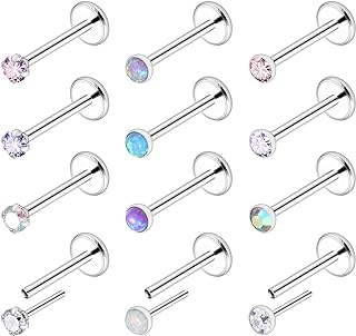 Threadless Cubic Zirconia Nose Stud in Stainless Steel for Men and Women, Push-in Design for Nose Lip, Medusa, Cartilage, Tragus, Helix Piercings, Multisize 2mm-3mm Pack of 12