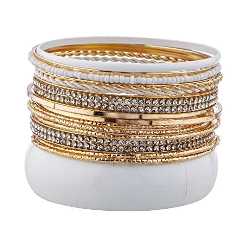 LUX ACCESSORIES Nicole Miller White and Gold Rhinestones, Etched, Twisted and Etched Multi-Bangle set of 14