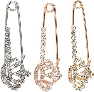 Holibanna 3Pcs Crown Safety Pin Women Crystal Brooch Pins Sweater Shawl Clips Rhinestone Brooches New Year Valentines Day Gifts for Women Men
