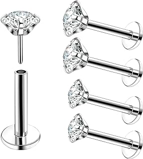 4Pcs Labret Monroe Lip Rings Titanium Clear CZ Push in Lip Studs Press Fit Threadless Lip Labret Piercing Jewelry Tragus Helix Earrings Studs Nose Ring 18G 20G 3mm 4mm CZ