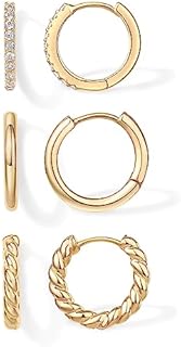 PAVOI 18K Gold Plated 925 Sterling Silver Posts 3 Pairs Small Hoop Earrings Set | Cubic Zirconia Plain Rope Huggie Hoops for Women | Lightweight Earrings Pack