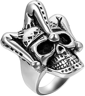 Flongo Men's Punk Stainless Steel Silver Black Gothic Joker Clown Band Ring Heavy Biker Rings for Halloween