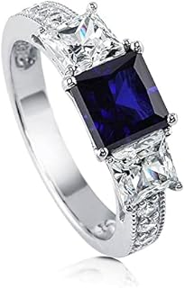 BERRICLE Sterling Silver 3-Stone Engagement Ring with Blue Sapphire Cubic Zirconia for Women, Princess Cut Design, Rhodium Plated, Sizes 4-10