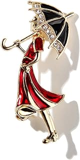 Cubic Zirconia Embellished Hold Umbrella Lady Brooch Pin with Secure Pin Clasp for Women and Girls