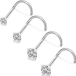 Ocptiy 22G 20G 18G Titanium Nose Rings Studs Hypoallergenic Corkscrew Diamond Stud Nose Ring Medical Implant Grade Surgical Steel Nose Nostril Rings Piercing Jewelry for Women Men 3mm