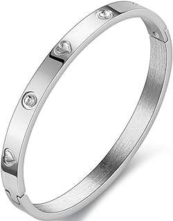 Embellished Cubic Zircon Heart Bangle Bracelet in Stainless Steel with Omega Chain
