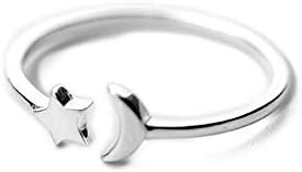 Crescent Moon Star Thin Minimalist Cute 925 Sterling Silver Engagement Tiny Open Tail Rings Dainty Adjustable Finger Promise Statement Small Ring Jewelry Gifts for Birthday Women Teen Girls Daughter