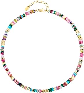 Beaded Gemstone Necklace for Women and Girl, Colorful Boho Beach Handmade Bead Choker, 14K Gold Plated Stackable Bohemian Multicolor Natural Stone Necklace