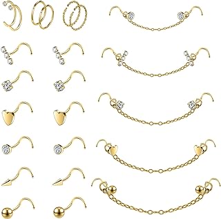 20G Nose Rings Studs with Chain Piercing Across Double Nose Stud Nose Hoop Spike Heart Ball CZ Surgical Steel Nostril Piercing Jewelry for Women Men, Black Silver Gold