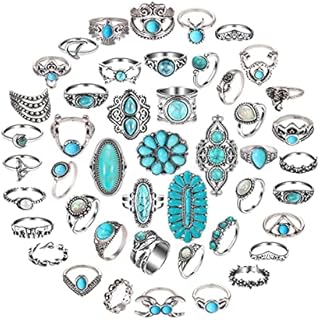 Vintage Silver Knuckle Rings Set for Women Western Turquoise Rings Bohemian Midi Ring Bulk, Chunky Rings,Retro Stone Crystal Stackable Joint Finger Ring Pack…
