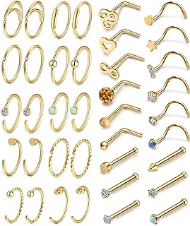 Sunligoo Hypoallergenic 20G Nose Rings Nose Studs Cubic Zirconia L Bone Screw Shaped Hoop Nose Ring Surgical Stainless Steel Labret Nose Piercing Jewelry for Women Men 26-38Pcs