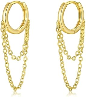 Dainty 14K Gold Plated Hoop Earrings with Snap Back & Double Chain Dangle Design for Women & Girls, No Gemstone