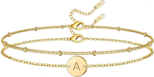 Glimmerst Initial Bracelet for Women, 18K Gold Plated Stainless Steel Layered Coin Letter A Bracelet Beaded Chain Personalized Name Bracelet for Girls