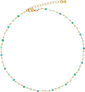 FUTIMELY Bohemia Green Beaded Beads Choker Necklace for Women Girls,Simple Fresh Green Beaded Square Round Bead Choker Necklace