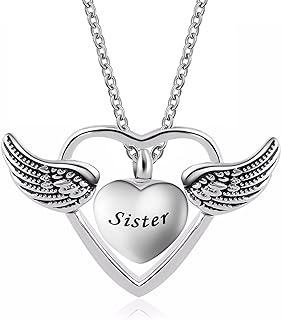Double Heart Cremation Urn Necklace for Mom Grandma Dad Pet Ashes Angel Wing Memorial Keepsake Pendant Jewelry A Piece of My Heart Lives in Heaven