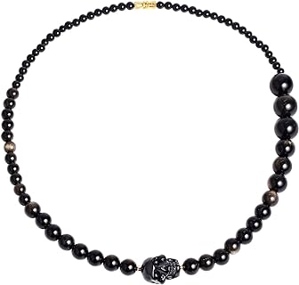 Gold & Black Obsidian Skull Bead Necklace with Swivel Clasp and Rolo Chain for Men and Women - Healing Stone Design