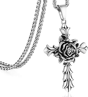 Rose Cross Pendant Necklace for Women Stainless Steel Link Chain Jewelry 21.65"