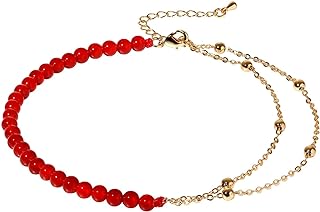 Lightock Layered 14k Gold Plated Chain Anklet Adjustable Anxiety Stress Relief Natural Agate Beaded Ankle Bracelets for Women Foot Summer Beach Jewelry