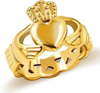 Gold Plated Claddagh Band Ring with Stainless Steel Material for Women, Irish Heart Design in Size 6
