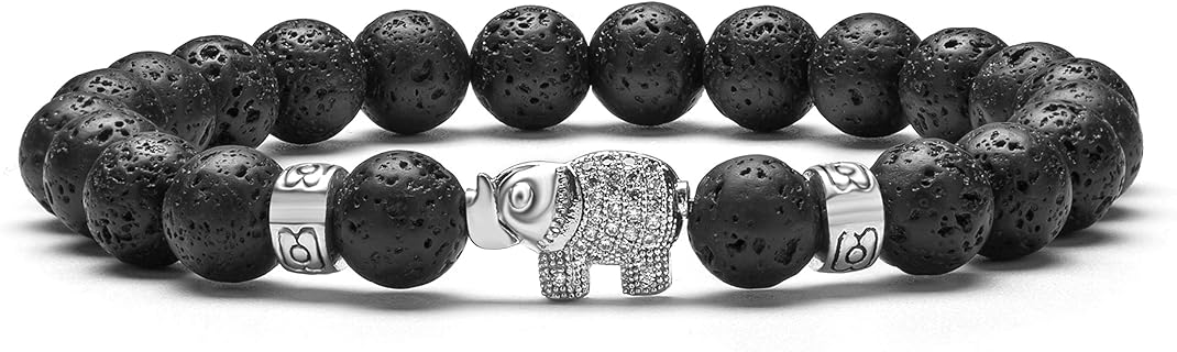 Hamoery Elephant Unisex Lava Bead Bracelet with Rope Chain - Anxiety Essential Oil Diffuser, Elastic Yoga Bangle, 8mm Stones, Ideal Gift for Strength and Individuality