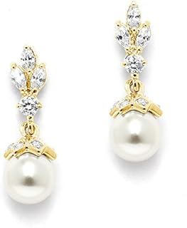 Mariell Pearl Drop Wedding Earrings, 8MM Ivory Shell Pearls, Cubic Zirconia Crystal and Pearl Earrings for Brides, Bridesmaid, Prom and Mother of the Bride