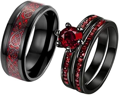 ringheart 2 Rings His and Hers Couple Rings Red Cz Rings Womens Wedding Ring Sets Titanium Steel Mens Wedding Bands