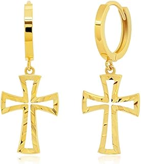 MAX + STONE 14k Yellow Gold Small Huggie Dangle Hoop Earrings for Women with Diamond Cut Cross 10mm
