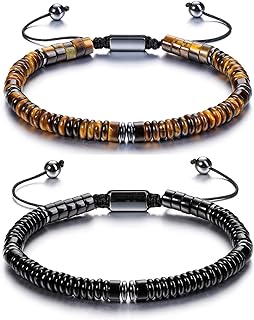 Adjustable Stone Beads Protection Bracelet with Bead Chain & Hidden Safety Clasp for Men and Women, Features Hematite Black Obsidian Tiger Eye Gems